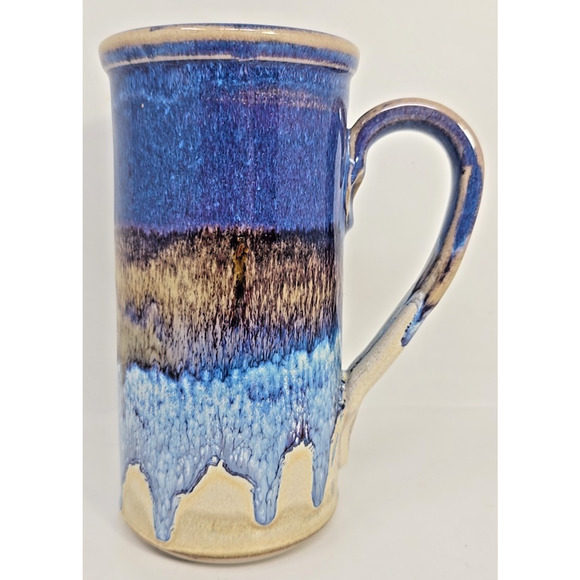 Handmade Pottery Drip Glaze Coffee Mug Cup Signed By Artist "Glass" Appx 7" Tall - Picture 1 of 8